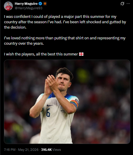 <strong>هاري ماجواير مصدوم من استبعاده من قائمة منتخب إنجلترا لـ كأس العالم 2026</strong>