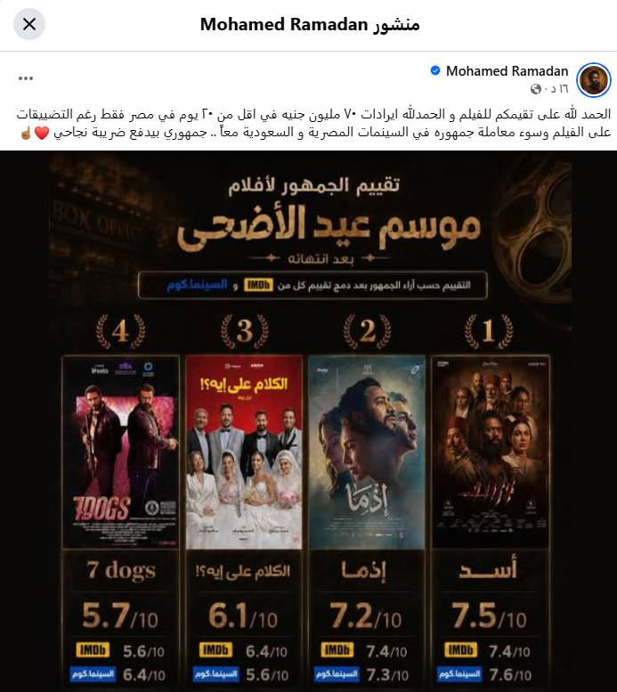 منشور الفنان محمد رمضان&nbsp;