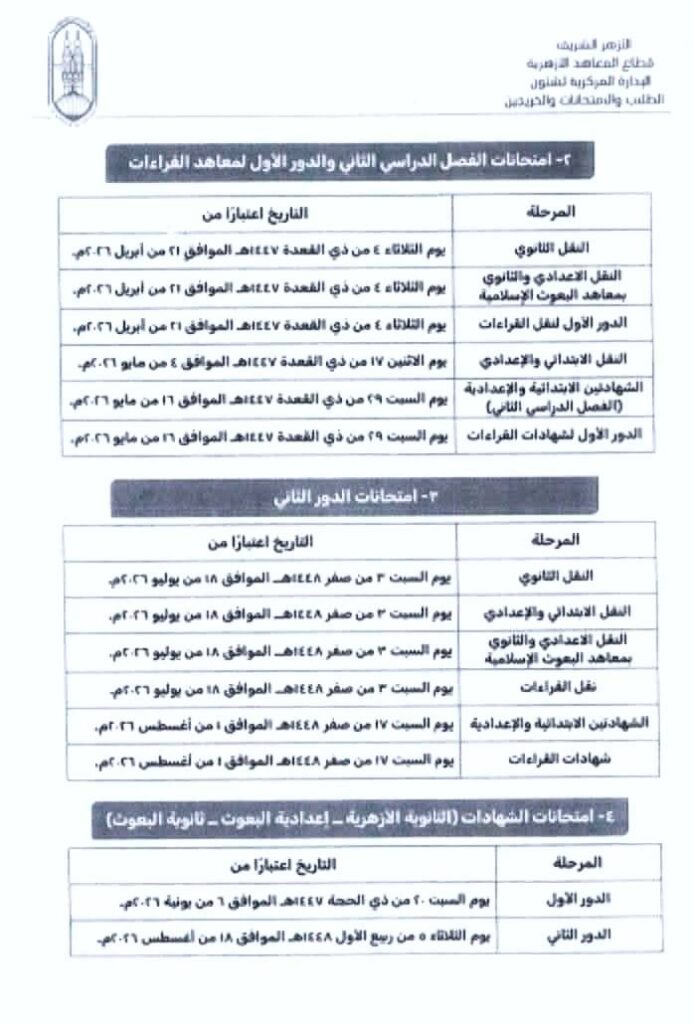 مواعيد امتحانات الدور الثاني 2026 الأزهر الشريف