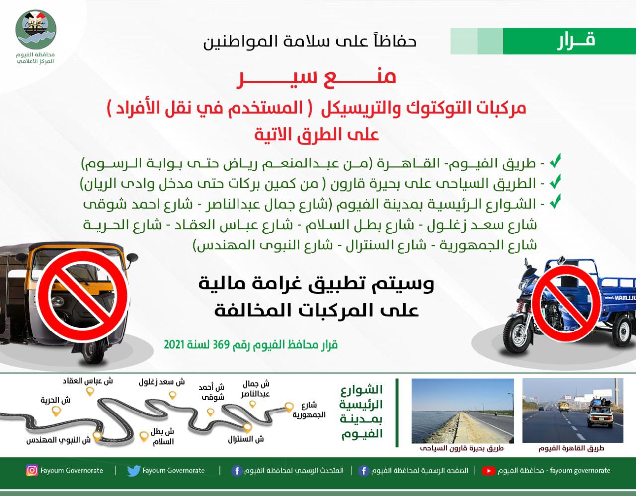 محافظ الفيوم يمنع سير التوكتوك والتريسيكل على الطريق السريع