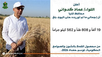 محافظ المنيا: شون وصوامع المحافظة تستقبل 19 ألف طن من القمح ضمن موسم توريد 2026